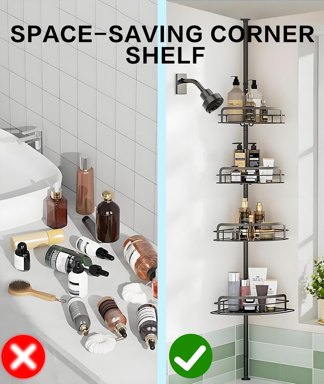 Corner Shower Caddy Tension Pole 4-Tier Bathroom Organizer, Height-adjustable bathroom shelf, Stainless Steel Corner Shower Shelf 33.6-124.6 inchs (33.6-124.6 inchs)
