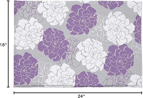 Miniatura 2 de Alfombra de baño con estampado floral de peonía, patrón geométrico abstracto, morado, gris, blanco, absorbente, antideslizante, de microfibra suave,