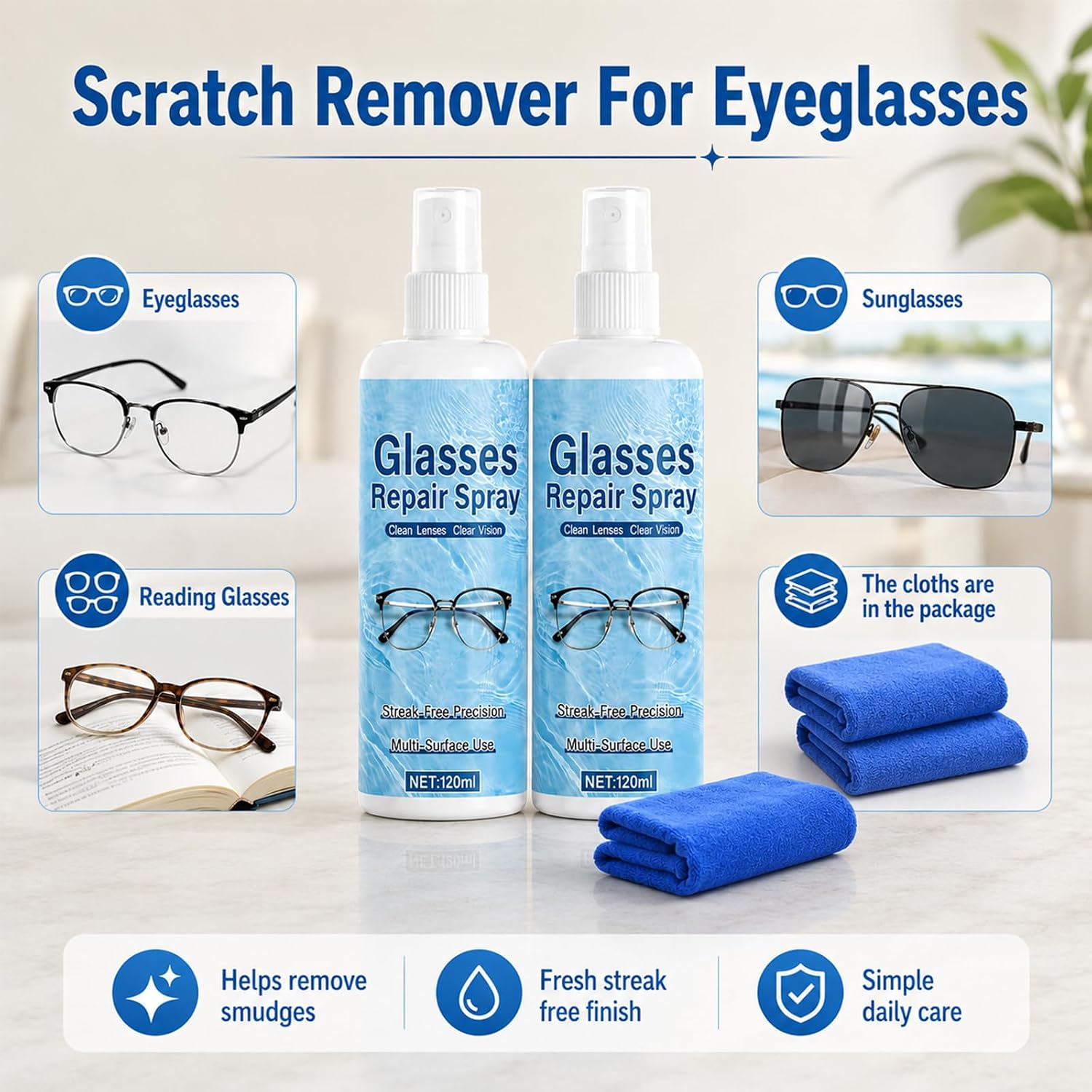 Glasses Scratch Repair Spray - Glass Scratch Remover for Eyeglasses, Sunglasses, Camera Lens & Phone Screens, 120ml Portable Lens Cleaning & Restoration Liquid for Clearer Vision (2PCS)