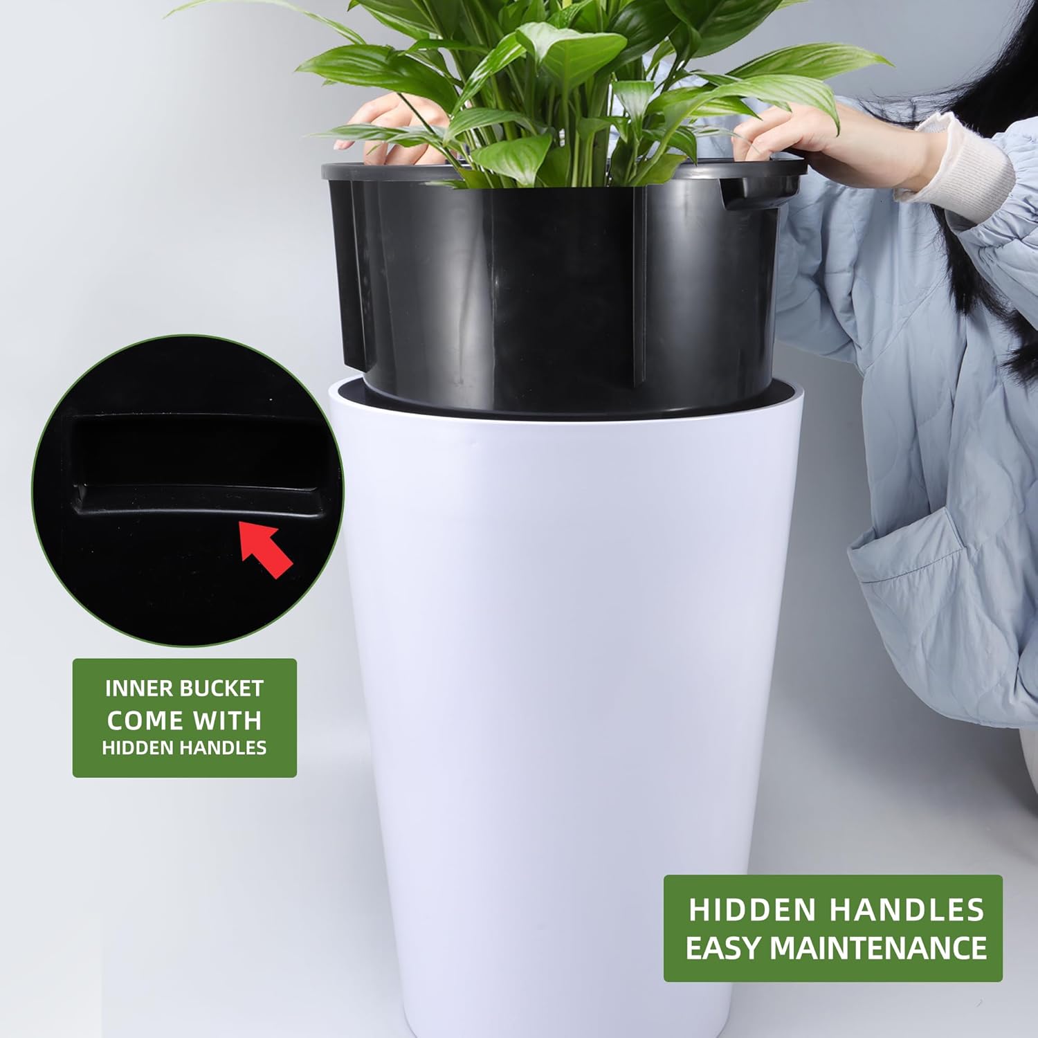 Dexceder 16x12 Tall Self Watering Planter High Cylinder Indoor Outdoor, Thickened Large Floor Standing Flower Plant Pot with Water Level Indicator (White Matte)