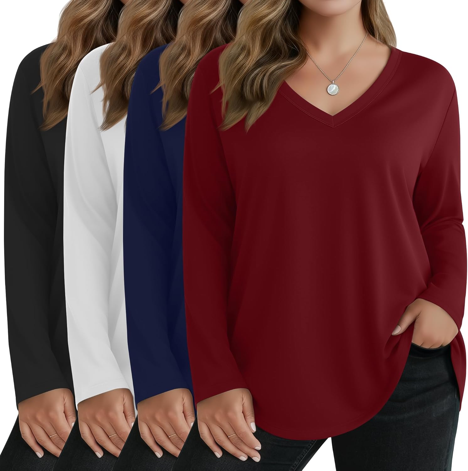 Sweetyweee 4 Pack Women's Plus Size T Shirts Long Sleeve V Neck Tops Basic Loose Fit Curved Hem Tunic Clothes