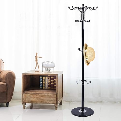 Miniatura 3 de OUKANING Perchero de metal de pie con 16 ganchos, soporte organizador de bolsas para sombrero, base de mármol para entrada, pasillo, dormitorio,