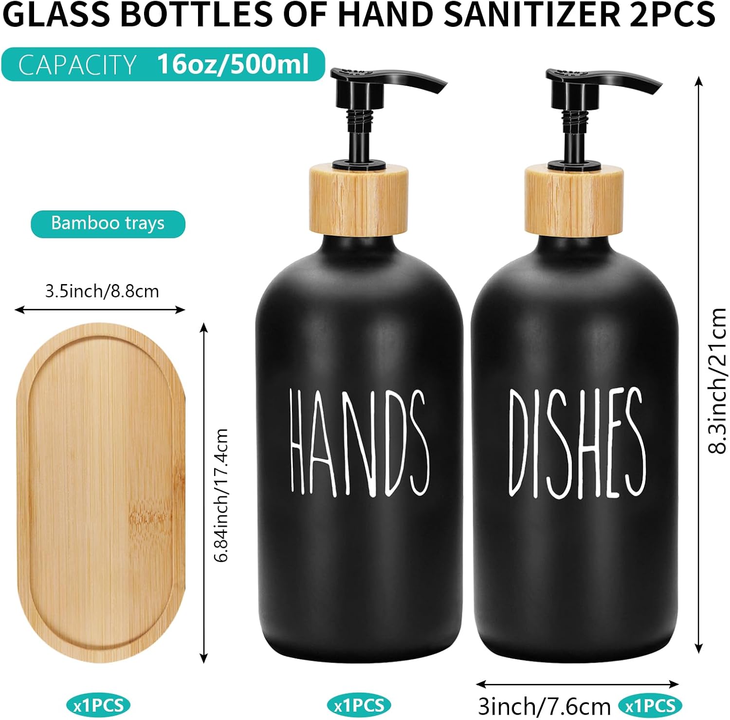 2 Pack 16 Oz Glass Soap Dispenser Set with Tray, Hand Dish Soap Dispenser Set for Bathroom and Kitchen Bottle Dispenser with Dish Soap, Hand Soap, Lotion (Black（Hands） Black (Dishes))