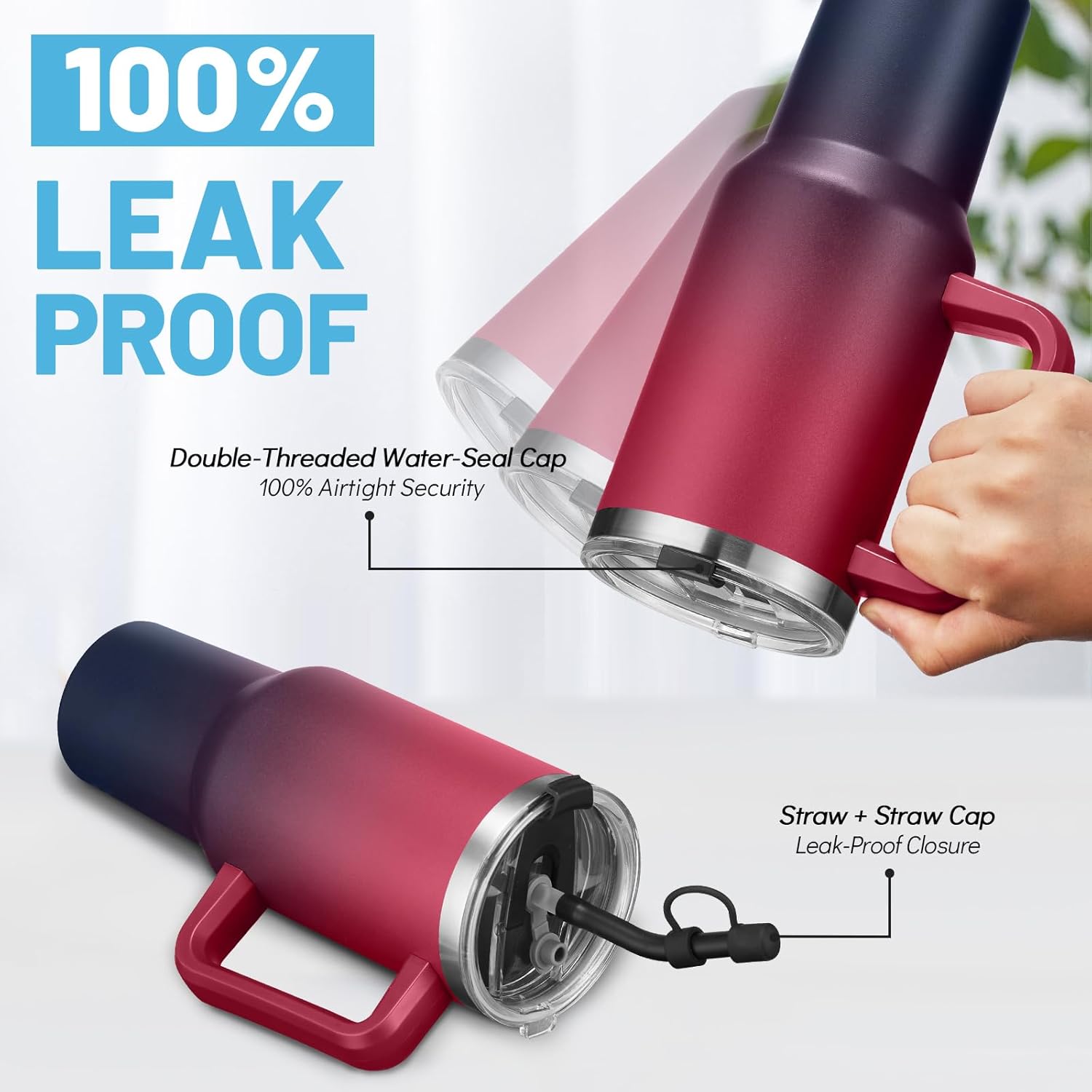 Insulated Tumbler with Handle Straw and Spout - 2-in-1 Lid, 40 oz Water Bottle Keep Cold-34H & Hot-10H, Leakproof, Dishwasher Safe, Stainless Steel Travel Coffee Mug Fits in Car Cup Holder - Image 2