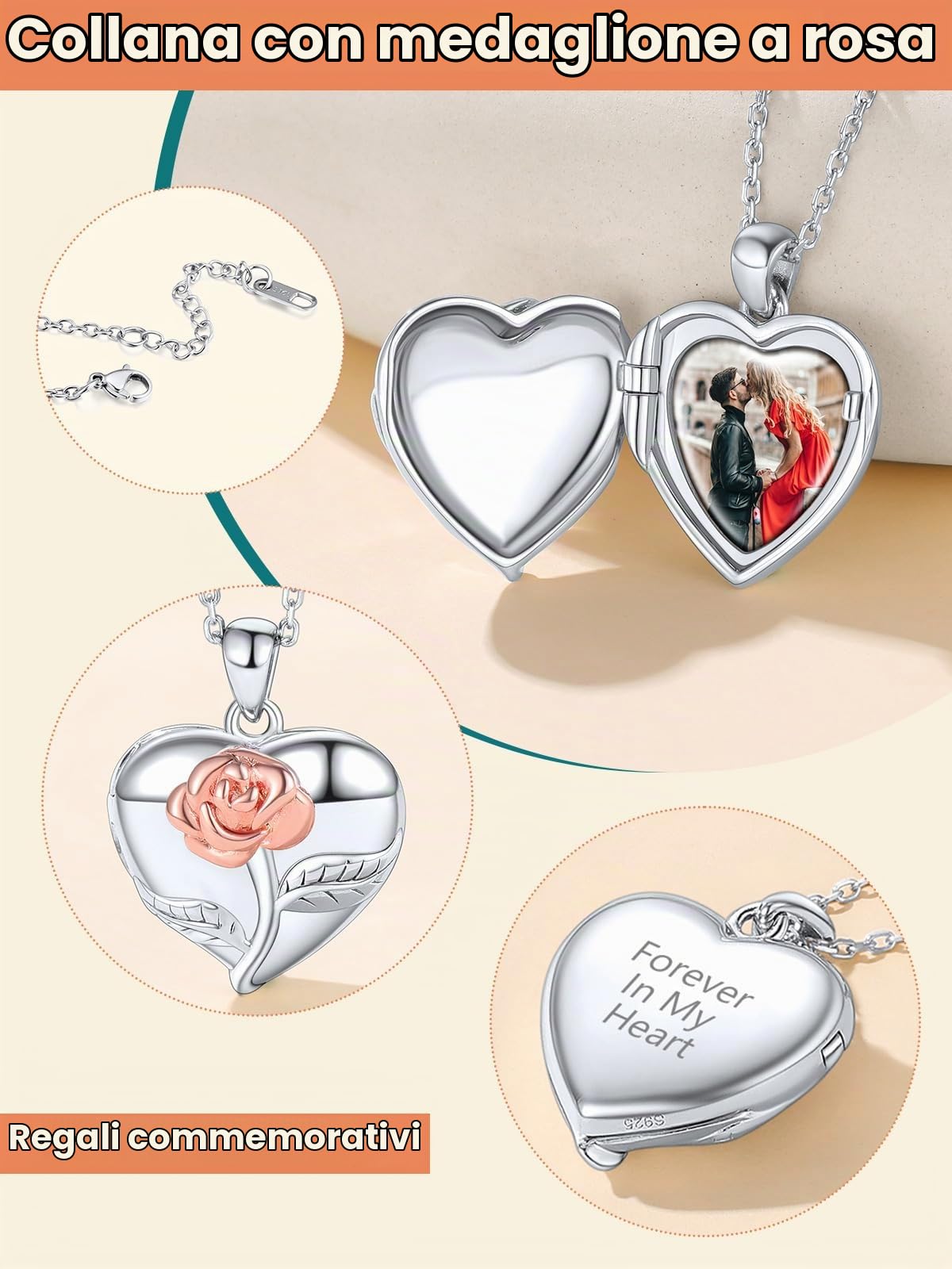 Supcare Collana con Foto Personalizzata, Cuore Locket Collana Donna Argento 925, 7 Stili Medaglione Ciondolo Portafoto, Argento/Oro/Oro Rosa Collana Personalizzata con Foto, Idee Regalo Donna Mamma