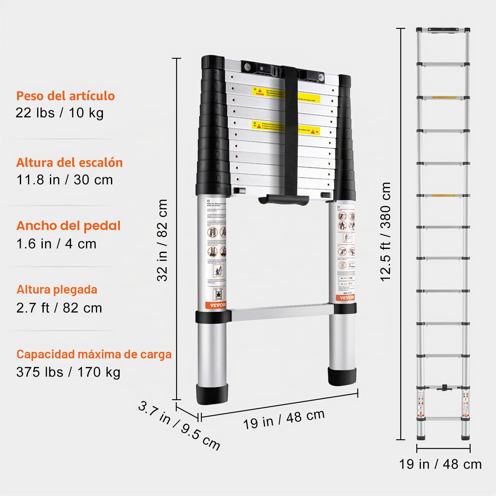 VEVOR Escalera Telescópica de Aluminio Altura de 380cm Escalera de Extensión Plegable Portátil Capacidad de 170kg con Pies Antideslizantes 1 Botón de Retracción para Reparaciones de Hogar Autocaravana