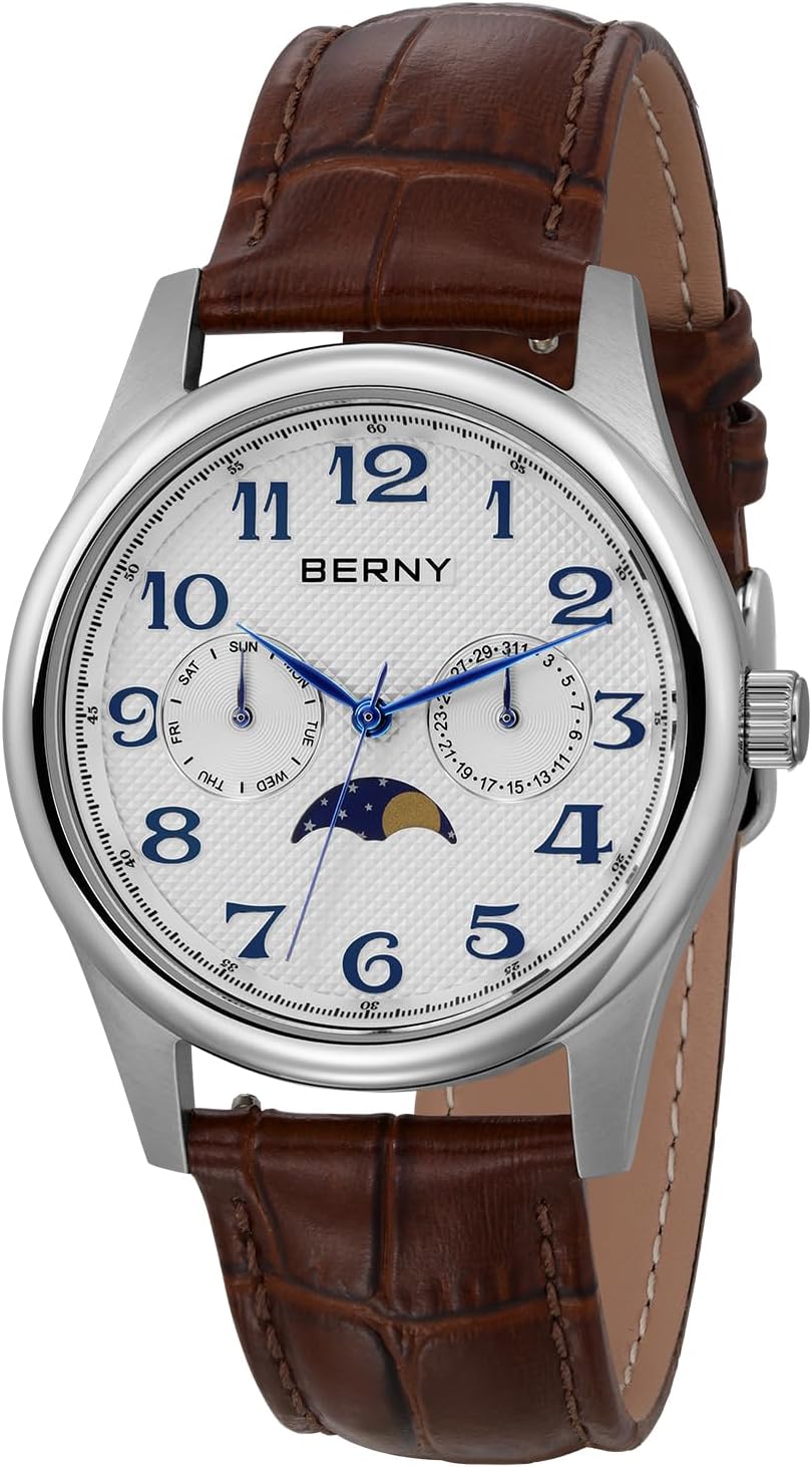 BERNY Silver Watch for Men Moon Phase Watches Multi-Function Quartz Wristwatch Easy Read Arabic Numerals Dial Analog Watches Stainless Steel Case Sub-dial with Date Day Calendar