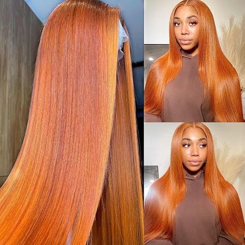 Orange Ginger Color 13X4 HD Lace Front Wigs Human Hair Pre Plucked Hairline with Baby Hair Brazilian Remy Straight Invisible Lace Front Human Hair Wigs For Women 150% (18inch, Orange Ginger Color)
