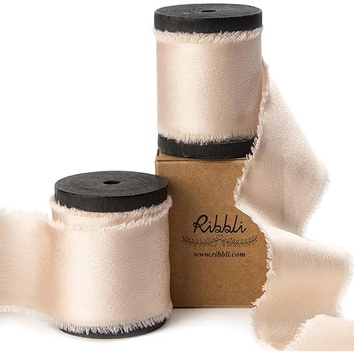 Ribbli Light Champagne Silk Satin Ribbon 1.5 Inch x 12 Yard Handmade Frayed Chiffon Ribbon with Wooden Spool Champagne Ribbon for Gift Wrapping Wedding Invitations Bridal Bouquets Home Decor