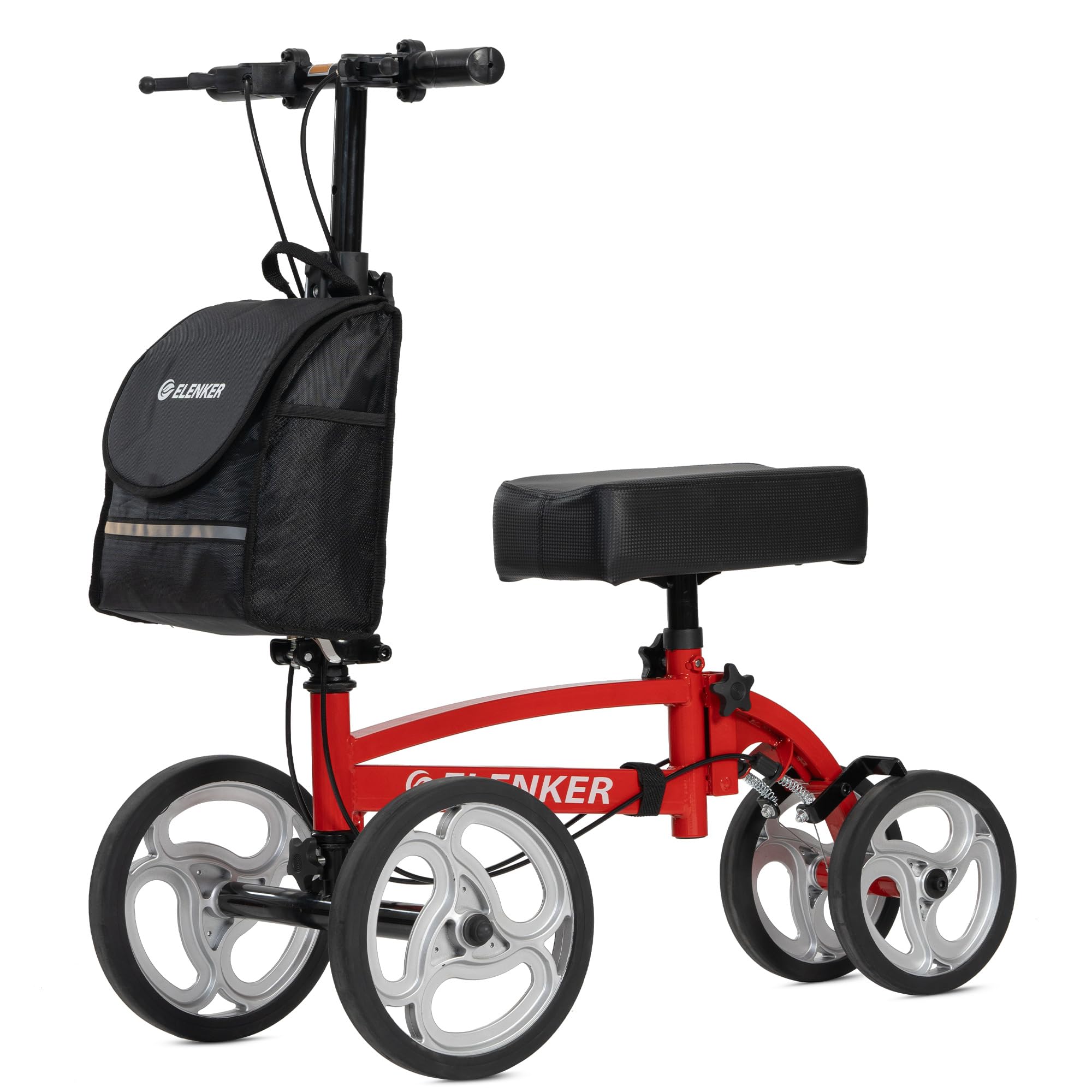ELENKER Steerable Knee Scooter, Foldable Knee Walker with Basket Dual Braking System, Knee Scooters for or Angle and Injured Foot Broken Red