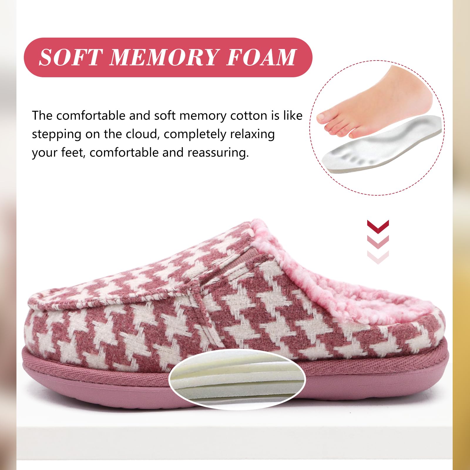 ONCAI Pantofole Donna Peluche Tessuto di Lana Houndstooth Misto Cotone Morbido Memory Foam Comode Plaid Pelliccia sintetica Ciabatte da casa Interno Esterno Tappetino Yoga Suola di Gomma Taglie 35-42