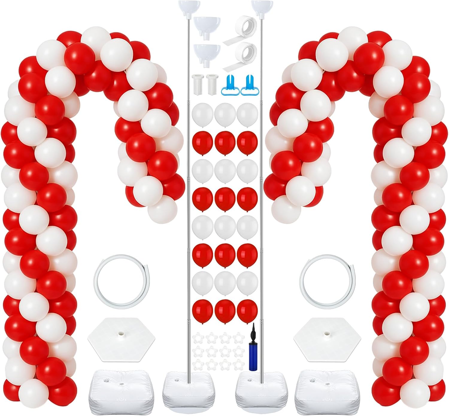 Soulchen 2 Sets Christmas Candy Cane Balloons Stand Kit 8.2 ft Adjustable Metal Tube with 180 Pcs Red and White Ballon Balloons for Christmas Holiday Decorations Candy Themes Party Supplies