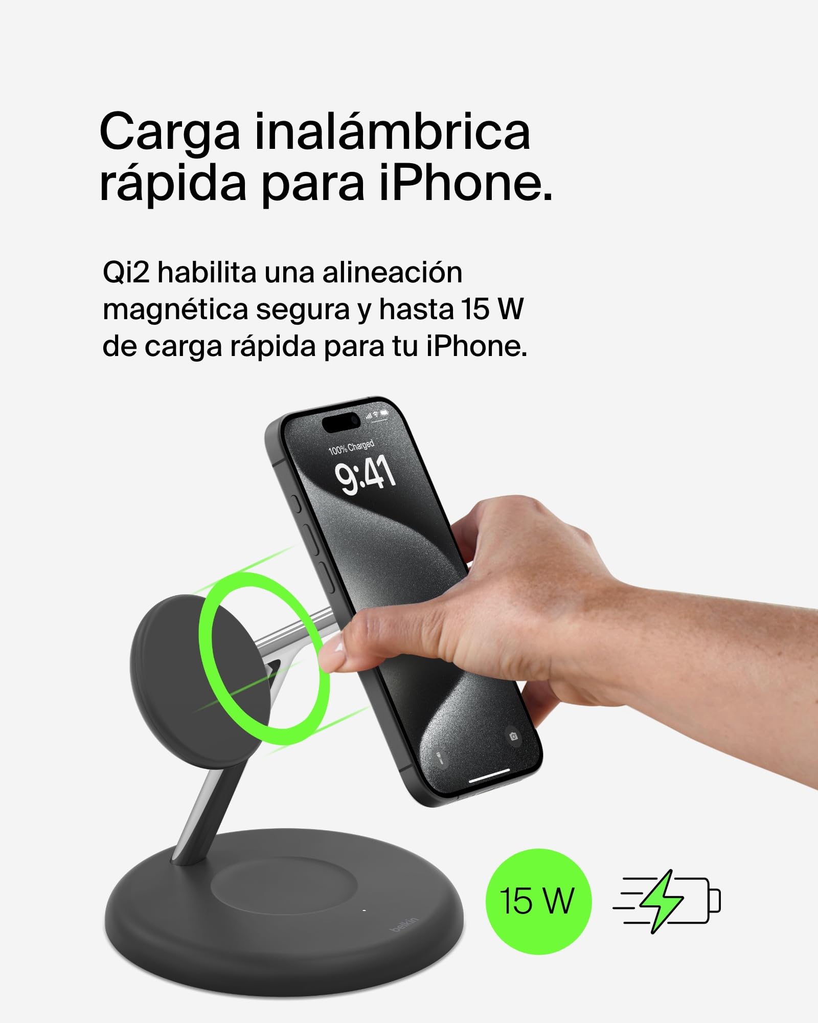 Belkin Soporte de Carga Inalámbrica 3 en 1 con MagSafe, Cargador Magnético Qi2, 15W, Carga Rápida para iPhone 17, Air, Pixelsnap, AirPods, Apple Watch y otros (fuente de alimentación incluida) - Negro