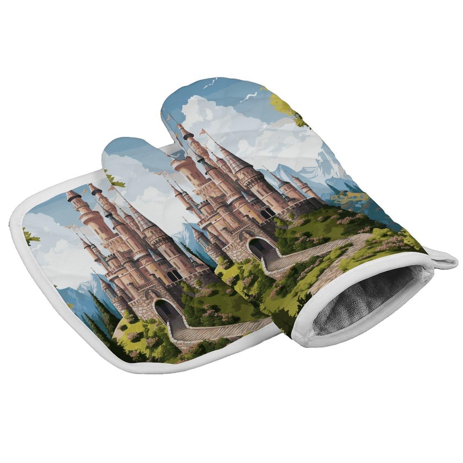 Fodpand Style Fairy Tale Castle Oven Mitts And Pot Holders Sets, Cooking Gloves And Hot Pads Heat Resistant Washable, Kitchen Oven Glove For Oven Cooking Baking Grilling