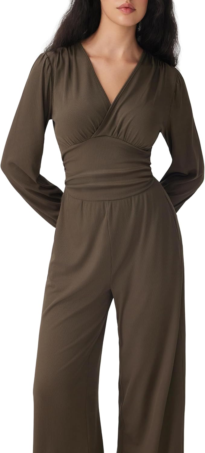 CIDER Jumpsuits for Women Long Sleeve V Neck Wide Leg Dressy Date Night Romper Casual One Piece Outfits with Pockets Trendy - Image 3
