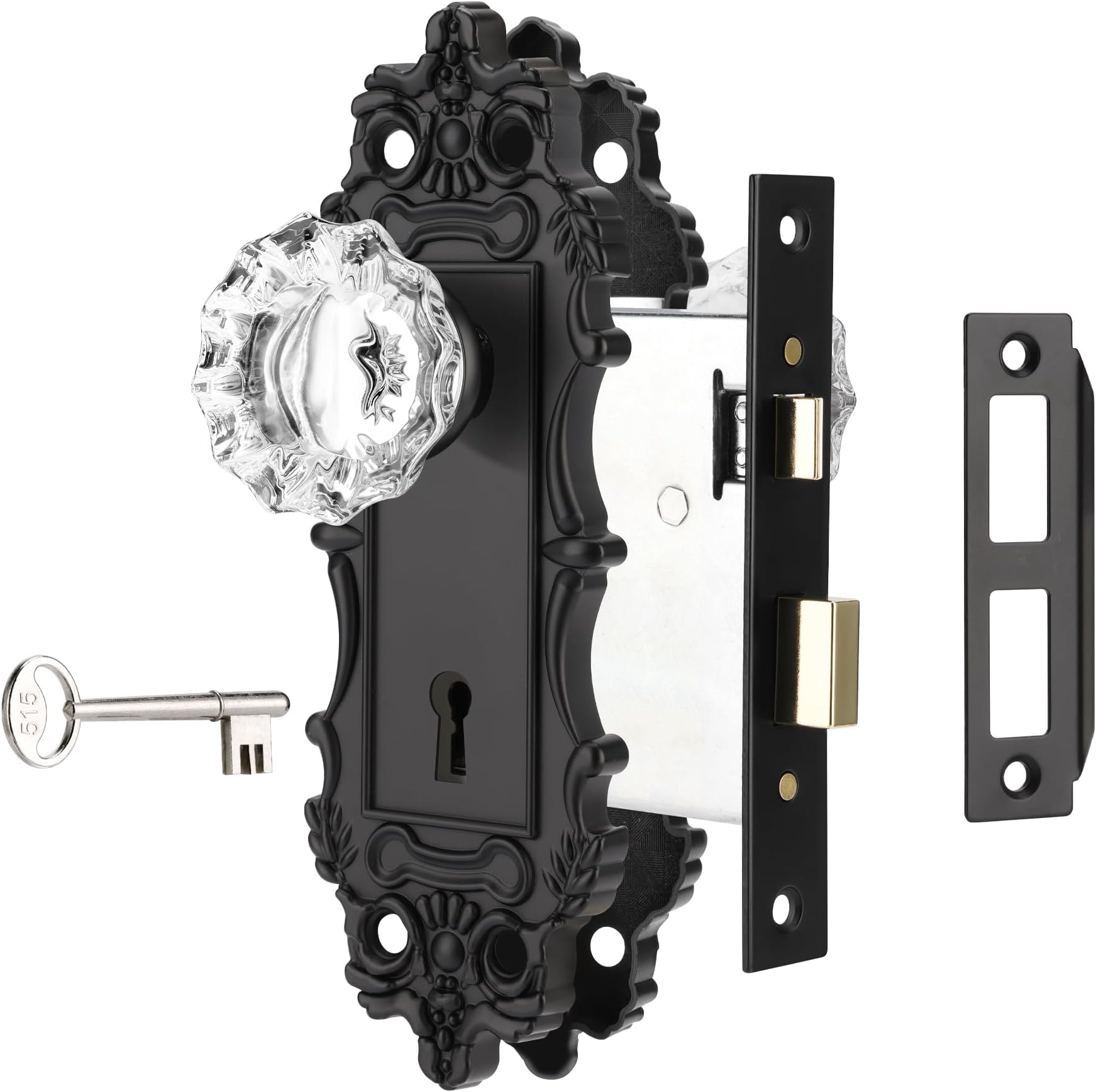 Vintage Crystal Glass Door Knobs, Mortise Lock Set with Skeleton Key for Interior Door, Antique Door Handle Lock Replacement, Matte Black Finish