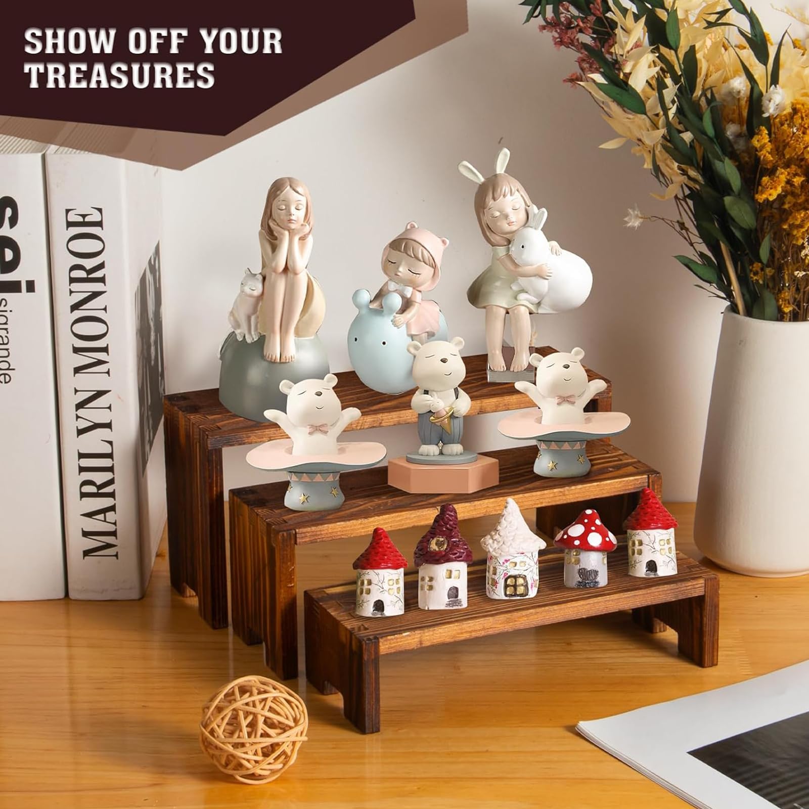 Alzata in Legno Massello 4 Ripiani, Porta Profumi, Espositore per Buffet, Supporto Display per Dolci, Collezioni, Figura, Libri, Cosmetici, Mensola Decorativa per Casa