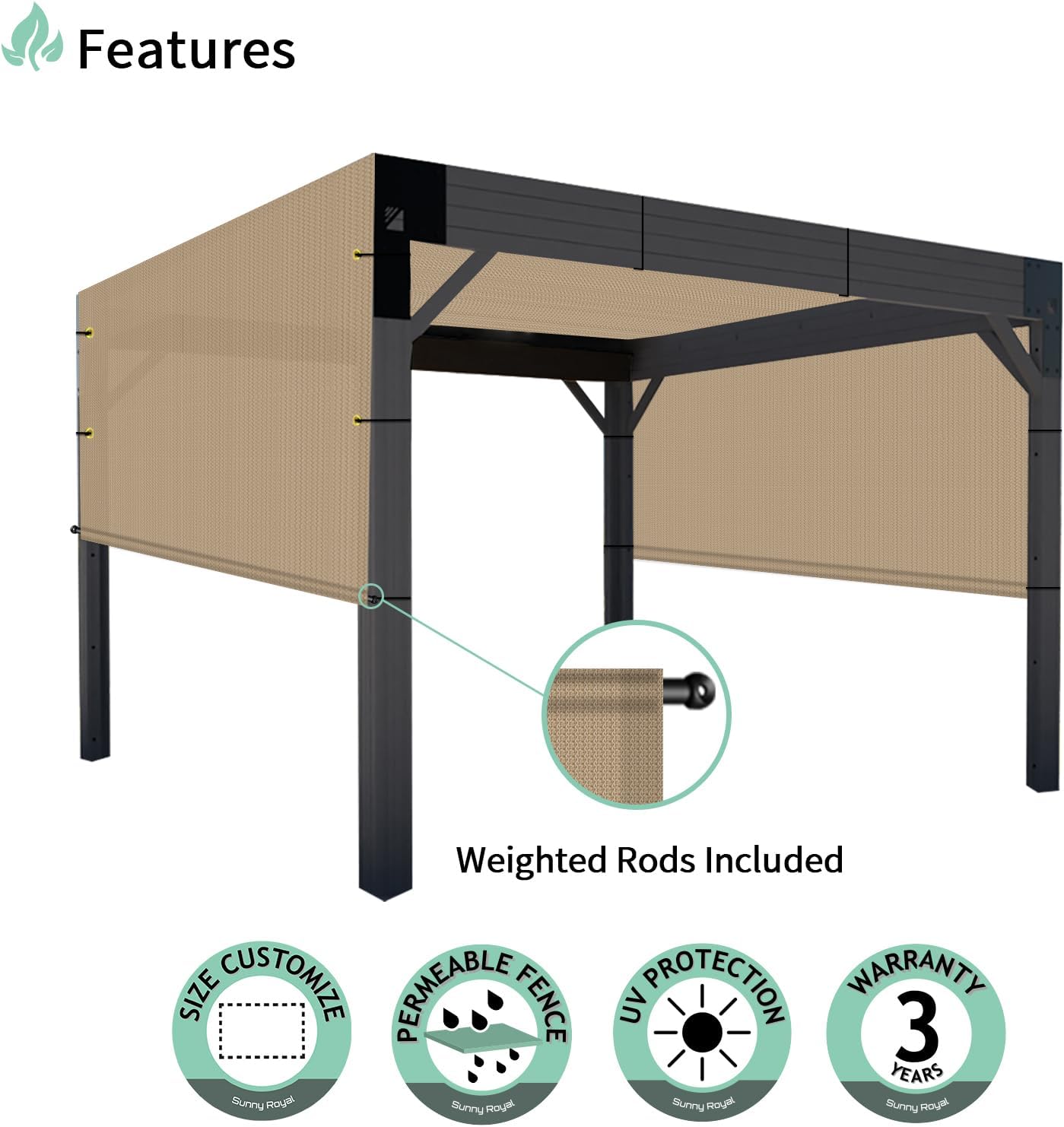 SunnyRoyal Pergola Shade Cover 4' x 15' Replacement Canopy Shade Cover with Weighted Rods & Grommets Outdoor Sun Shade Cloth for Patio Porch Garden (Sand)