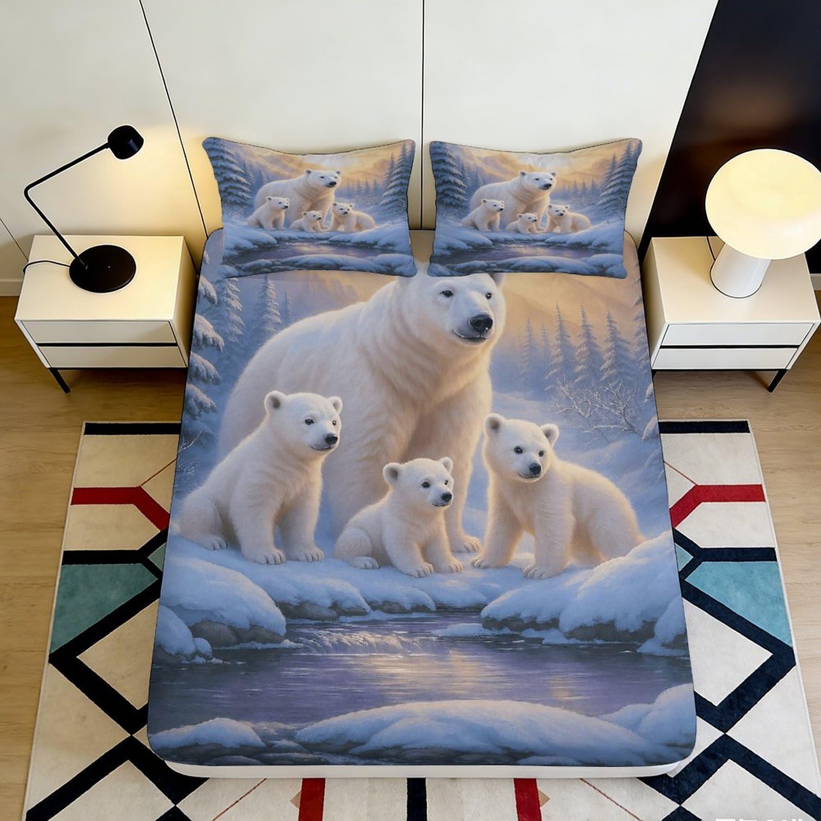 3D Printed Polar Bear Fitted Sheet Microfiber Deep Pocket Non-Slip Bedding Arctic Bear Mattress Fitted Cover Washable 140x200x25cm