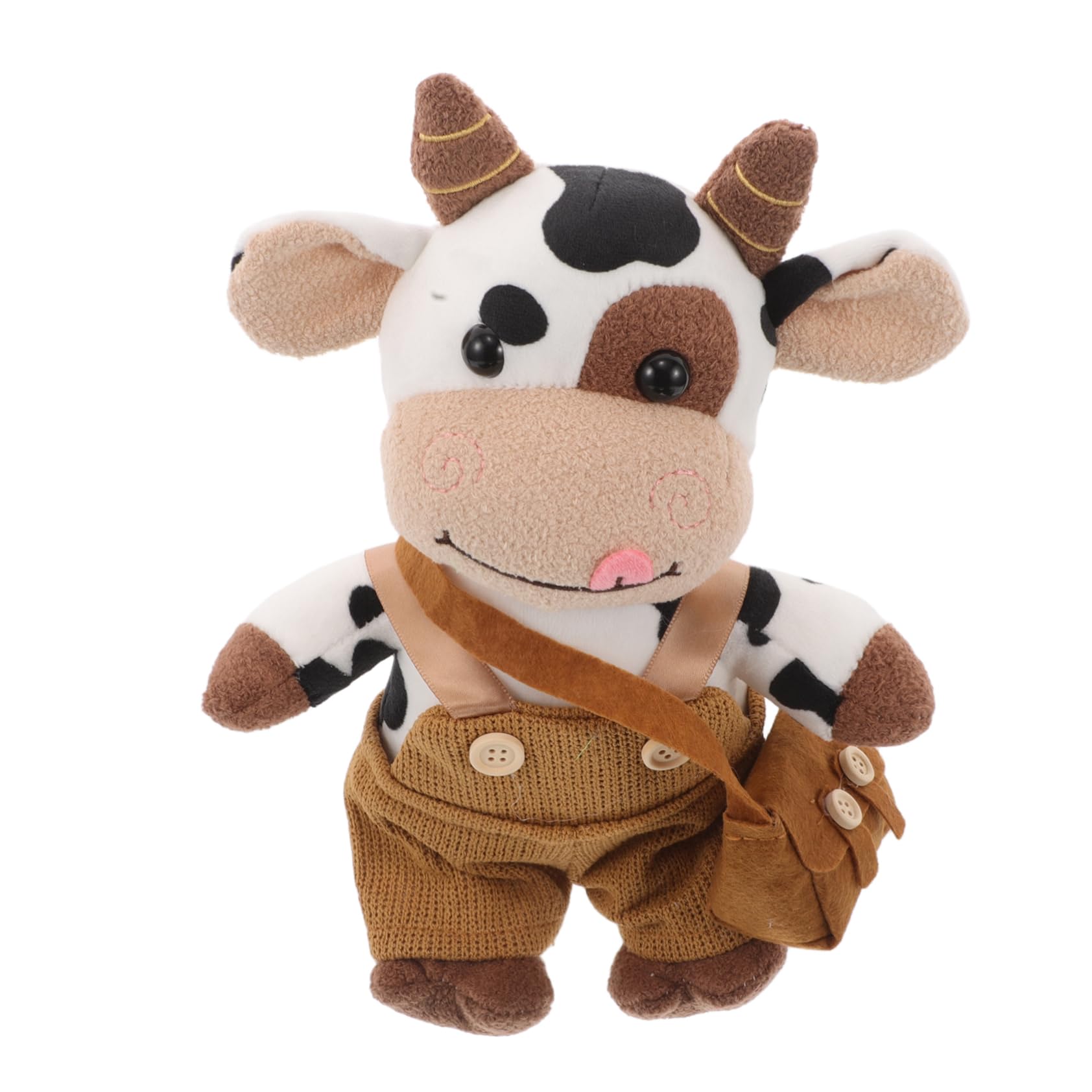 IMIKEYA Plüschtier Kuh Kuscheltier Weiches Niedliches Kuh Design mit Braunem Rucksack und Latzhose Detailreiches Flauschiges Stofftier für Wohnmobil Dekoration und Gemütliche