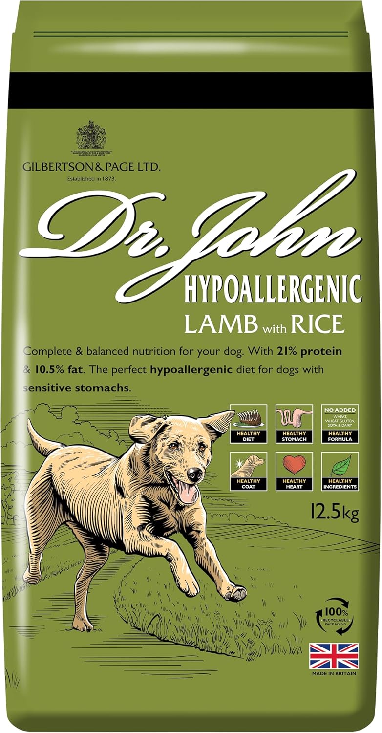 Dr John Wheat-Free Hypoallergenic Dry Dog Food – Lamb with Rice Dog Food 12.5kg – Complete Nutrition for Adult and Senior Dogs with Sensitive Digestion Dr John Wheat-Free Hypoallergenic Dry Dog Food – Lamb with Rice Dog Food 12.5kg – Complete Nutrition for Adult and Senior Dogs with Sensitive Digestion