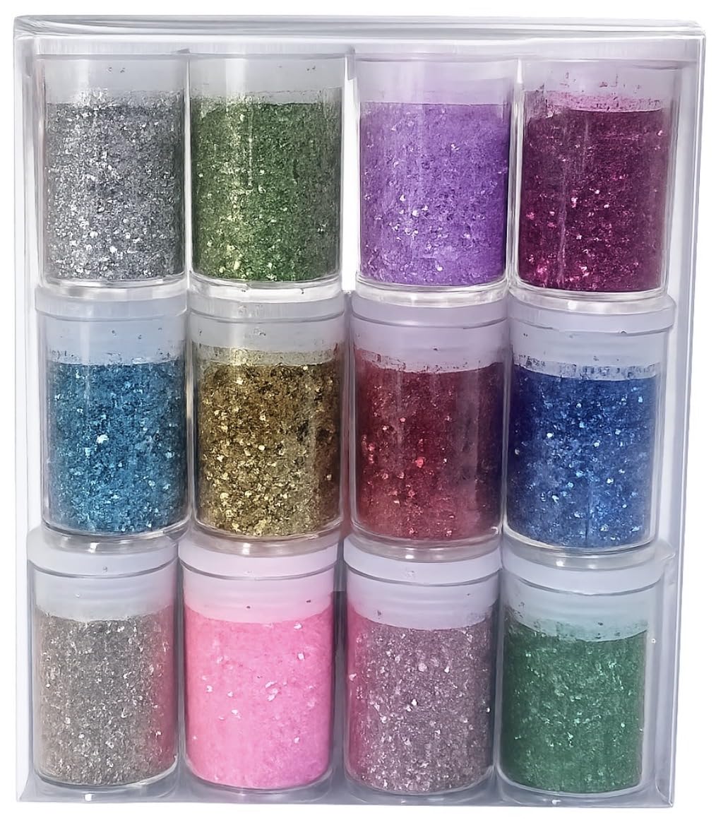 Craft Glitter pots Set, 12 Colours, Fine Loose Sparkle Fine Glitter Powder Glitter in Storage pots
