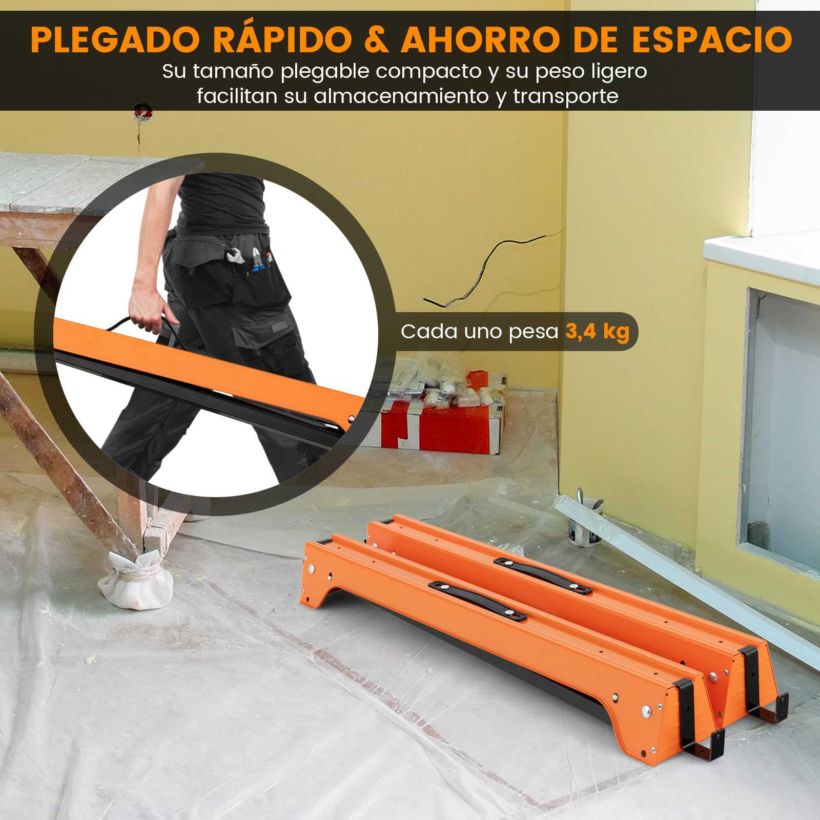 COSTWAY Juego de 2 Caballetes Plegables, Juego de Mesa de Trabajo Plegable de Hierro, 2 Caballetes para Mesa con Brazos de Soporte Desmontables, Amarillo 92 x 48 x 74 cm (Naranja)