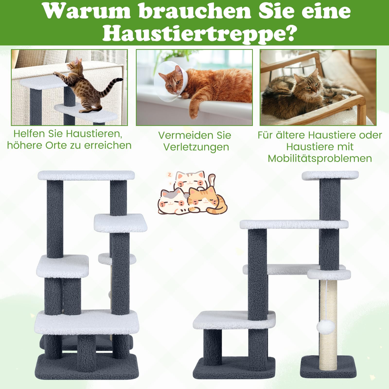 GYMAX 5 Stufen Katzentreppe, stabile Tiertreppe mit Sisal-Kratzstamm, Spielball & Plüschsitzfläche, Hundetreppe für Katze & Hunde bis 15 kg, Katzen Katzenmöbel, 62 x 41 x 77 cm
