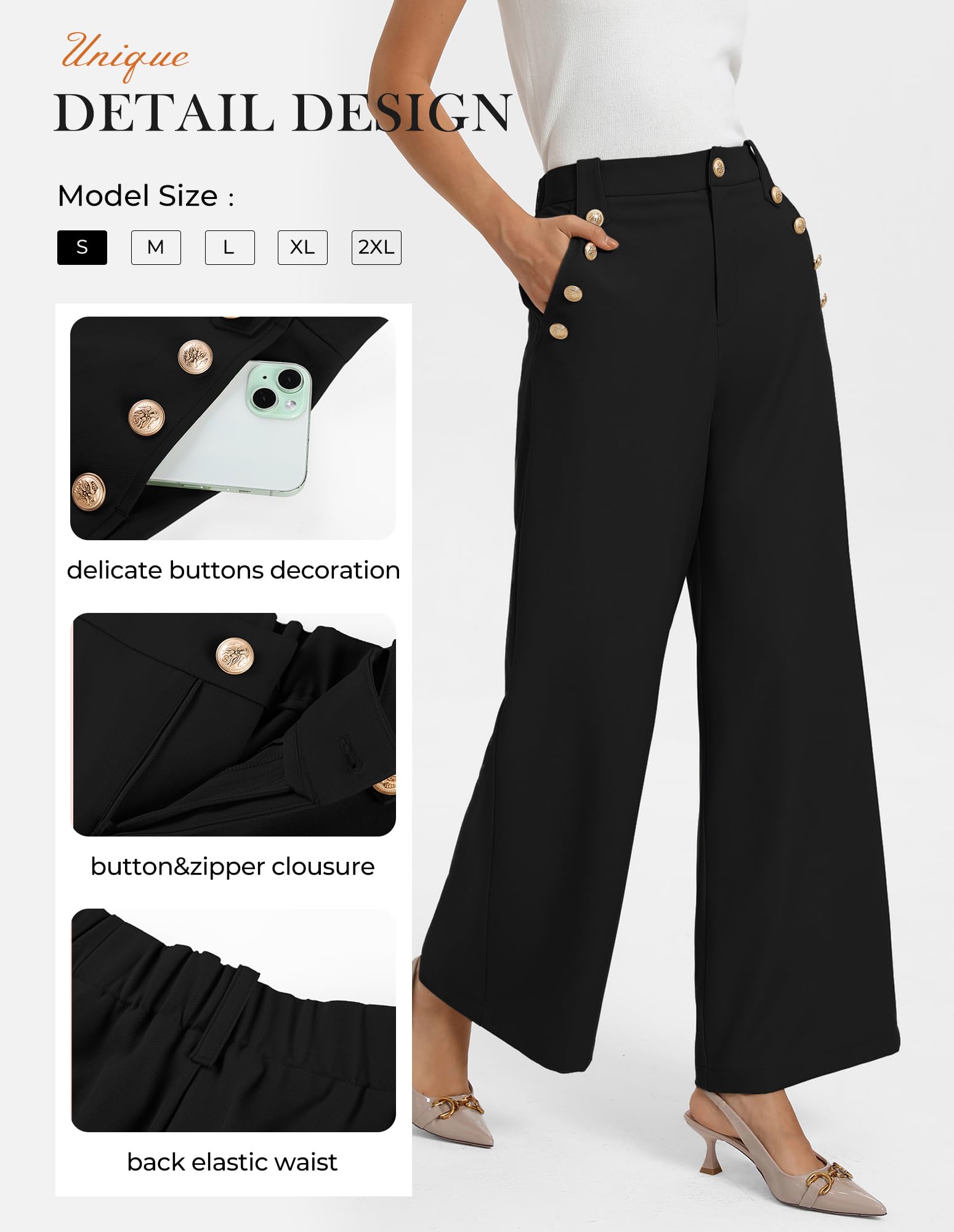 GRACE KARIN Pantalon Large pour Femme Pantalon de Travail stretchboutons décoratifstaille Haute avec Poches | Taille haute, poches, boutons décoratifs, décontracté, travail, bureau, réunions, trajets, fête, formel