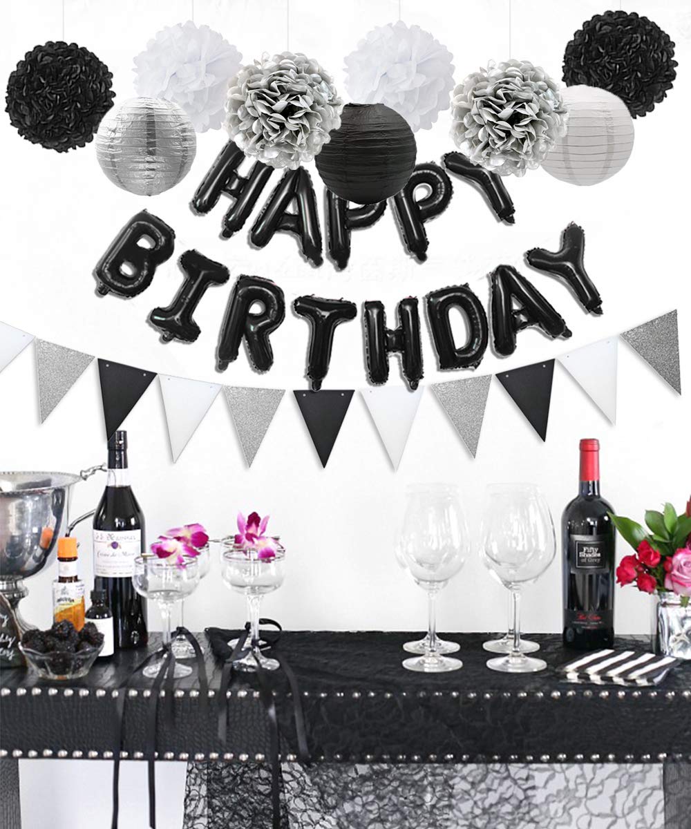Festoni Per Party A Tema Decorazioni Compleanno 40 Anni - Striscione Nero, Palloncini Argento, Tema Elegante, UK SUN 68 Costume