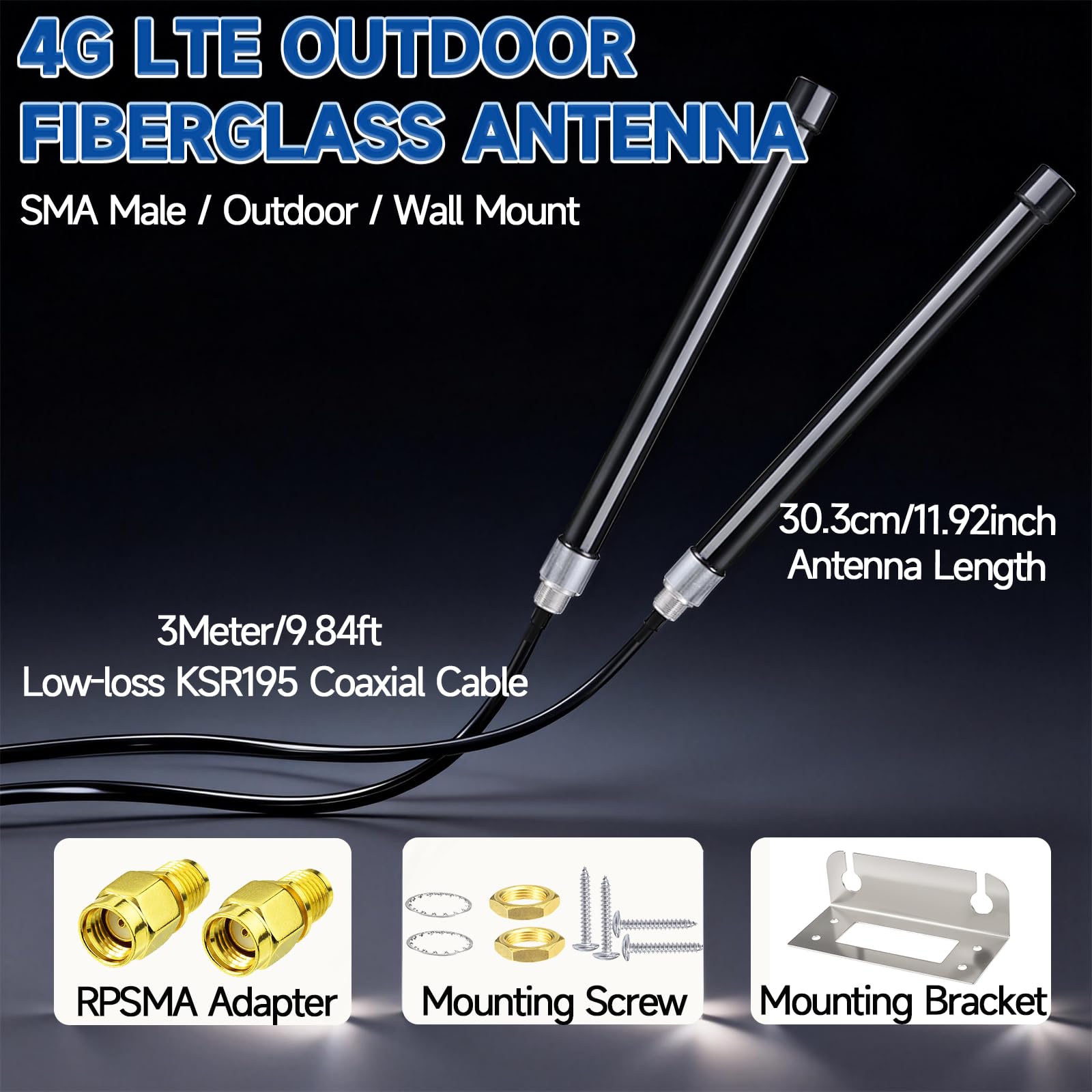 Bingfu Antenne 4G LTE 3G GSM Extérieur Fibre de Verre 6 dBi MIMO SMA Mâle | Fixation Murale, Étanche, Câble à Faible perte 3 m, pour Routeur CPE, Box SIM, Modem, Caméra, Passerelle IOT Cellulaire