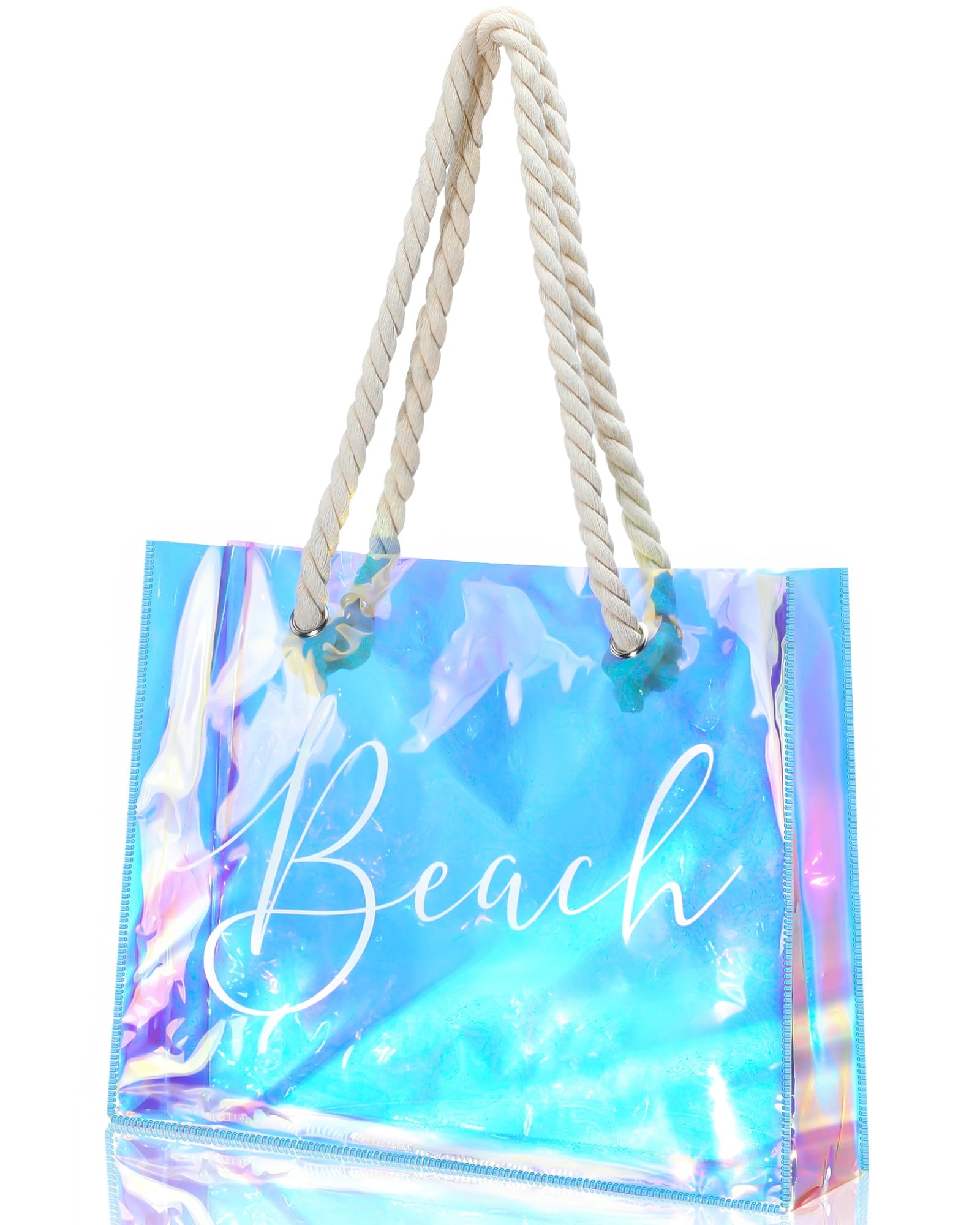 Sweetude Clear Beach Tote Bag Transparent Plastic PVC Women's Large Tote Waterproof Stadium Bags for Girl Summer Pool Party(Holographic)