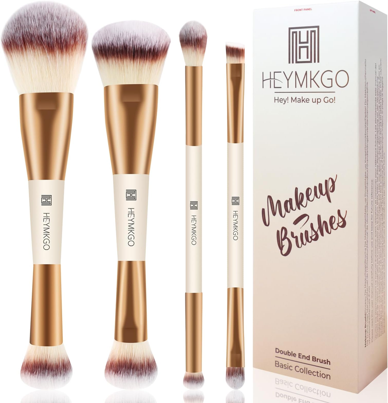 HEYMKGO Makeup Brushes Set, 4Pcs Double-ended Foundation Contour Powder Blush Concealer Eyeshadow Brush Set for Liquid, Cream, Powder for Blending Buffing Professional Face Brush Set Tools(Apricot)