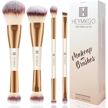 HEYMKGO Foundation Brush 4 Pieces Double Sided Brush 2 in 1 Kabuki Makeup Brush Professional Foundation Powder Blush and Concealer Eyeshadow Brush for Blending and Polishing
