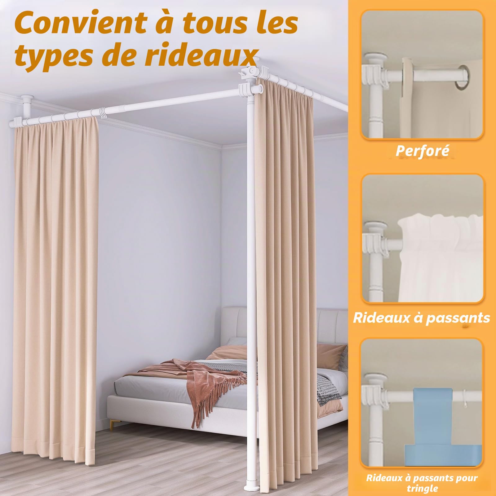 Cloison de séparation - Tringles à rideaux autoportantes sans rideau - Brise-vue pour salon, chambre à coucher ou bureau - 280 x 317 cm (l x H) - Blanc