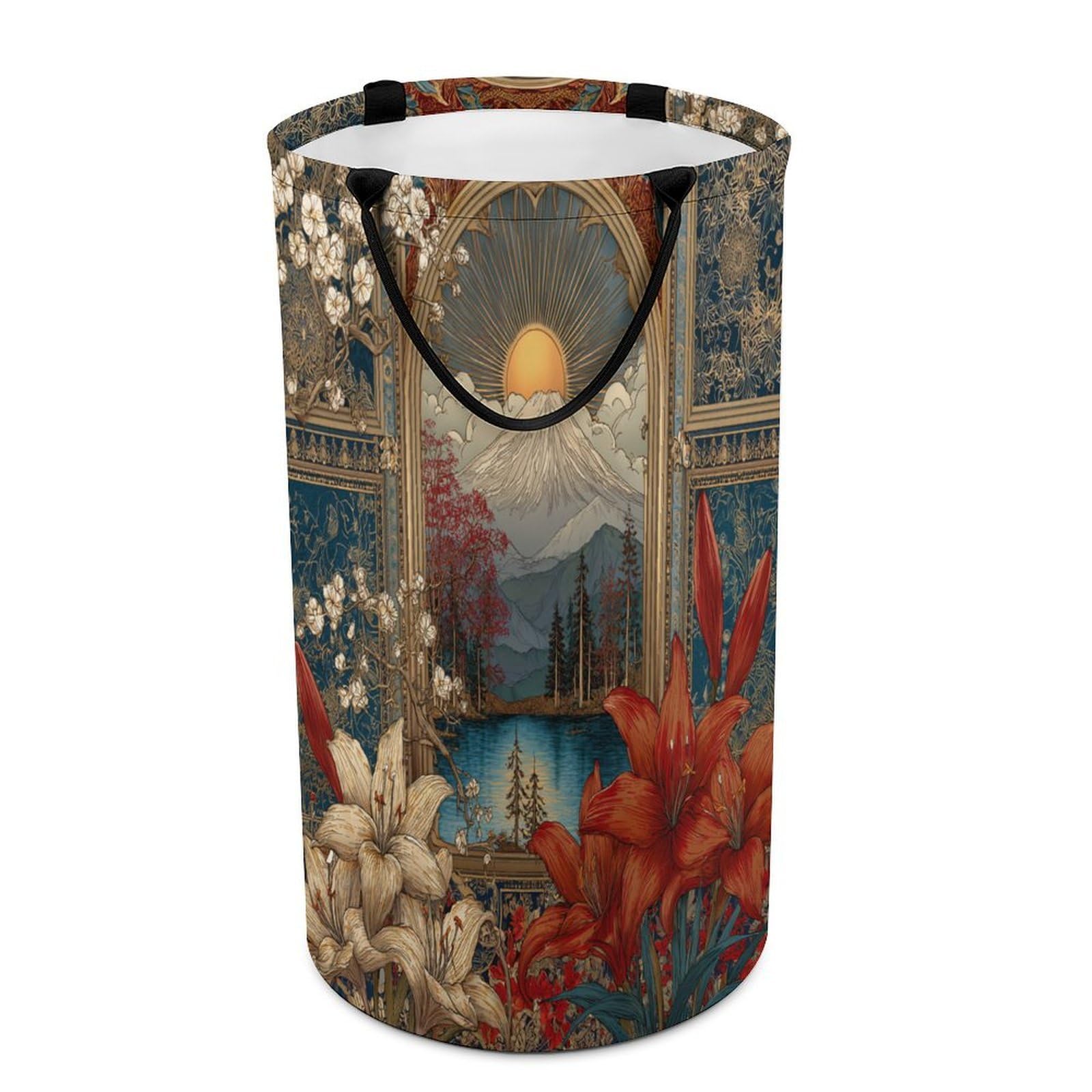 LUYYSKY Fantasy Boho Sunset Landscape Versatile Storage Laundry Basket, Antique Watercolor Mountain Lake Plant Lily Flowers Large Bathroom Laundry Hamper With Handle-40 CM Dia, 69 CM High