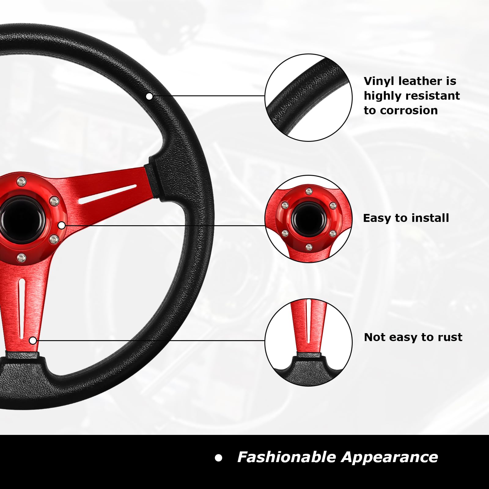 Volant de voiture de course universel,13,6 "6 poignée boulonnée en cuir vinyle avec bouton klaxon pour course/rallye/course/simulation (Rouge)