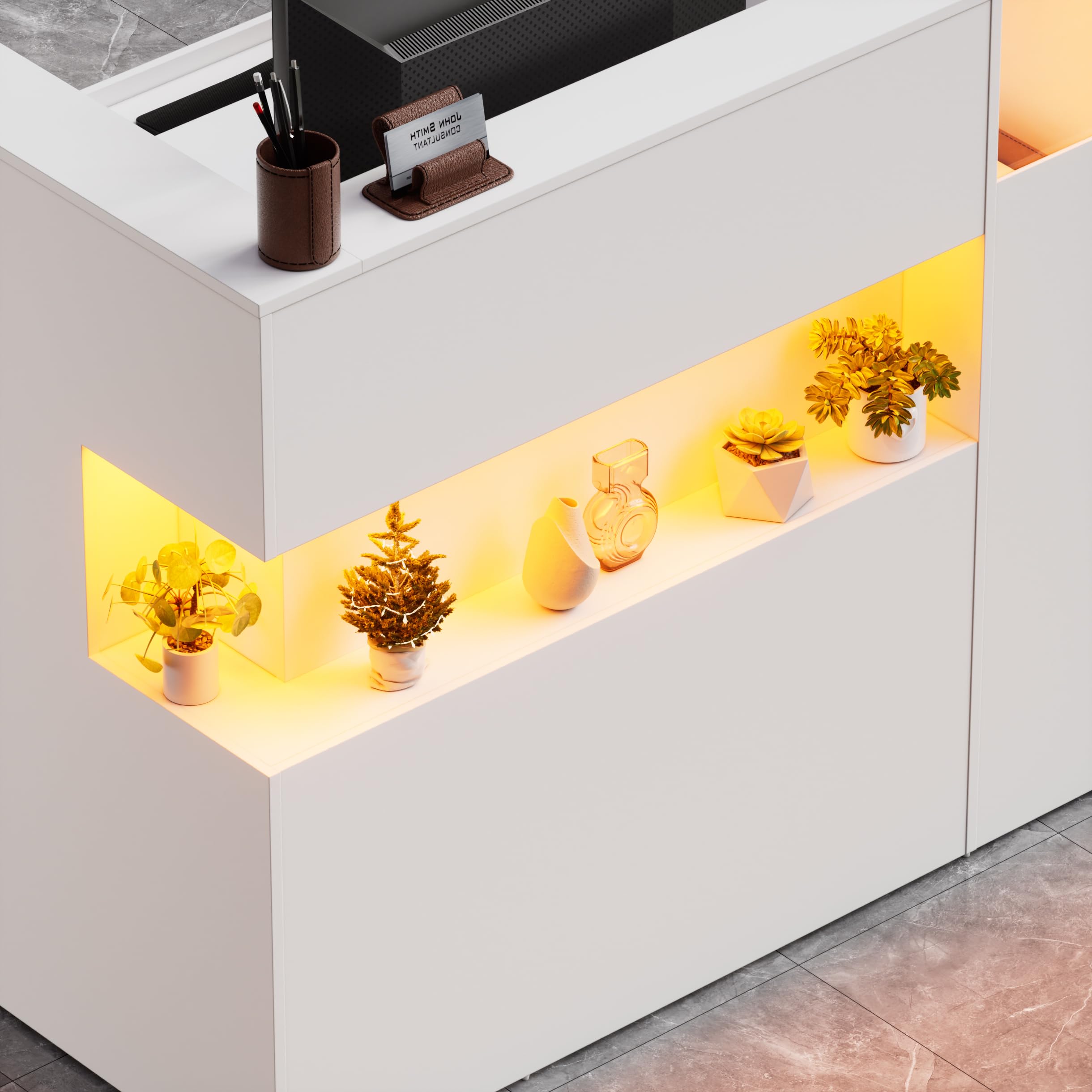 Barra de recepción con LED y estante de cristal, mostrador de venta con cajones con cerradura, mostrador de recepción con bandeja para teclado, mostrador de recepción para oficina, salón, tienda o