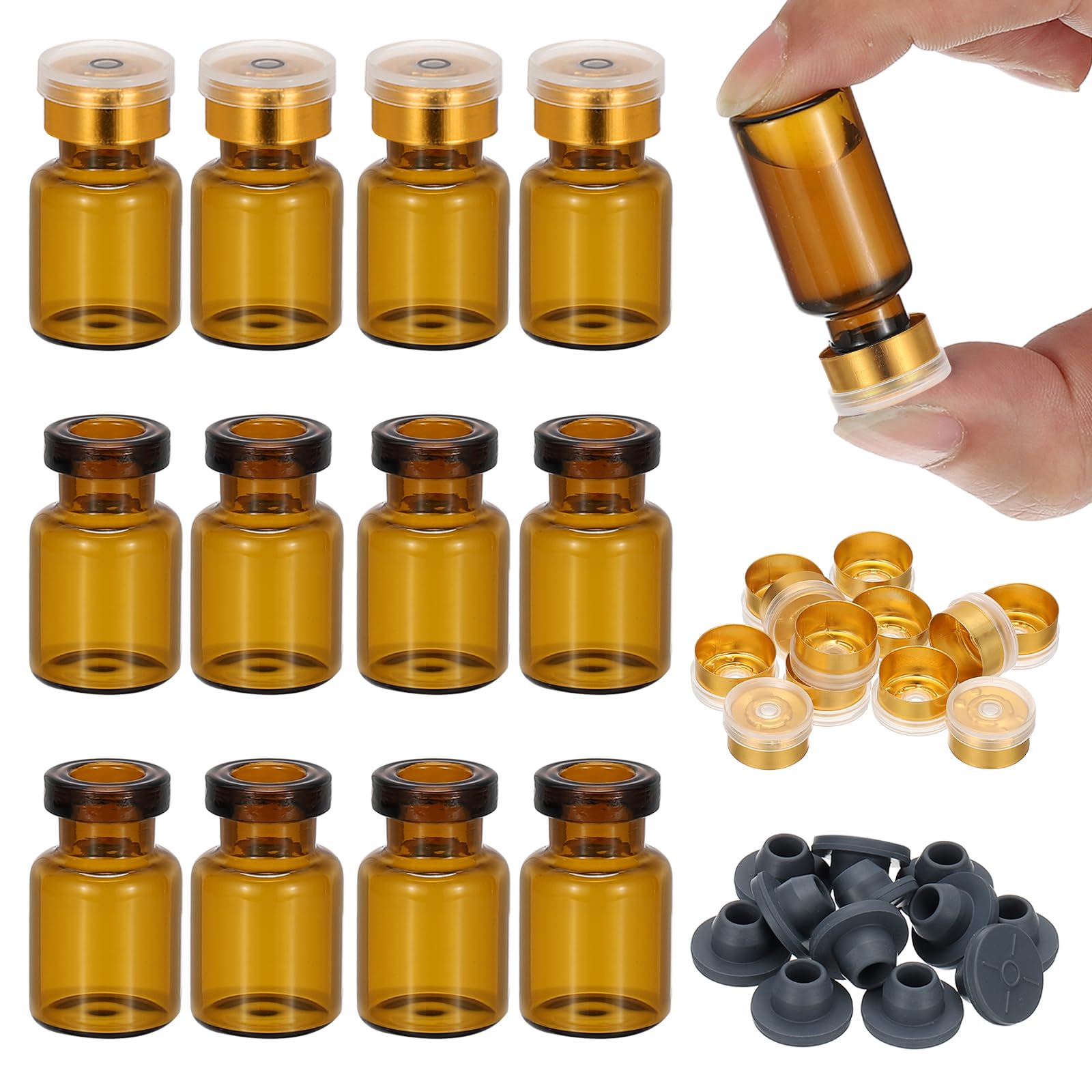 PATIKIL 12pcs 2ml Amber Borosilicate Glass Sample Vials with Aluminum Plastic Cap and Rubber Stopper for Lab Solid Liquid Powder Storage, Gold Plating