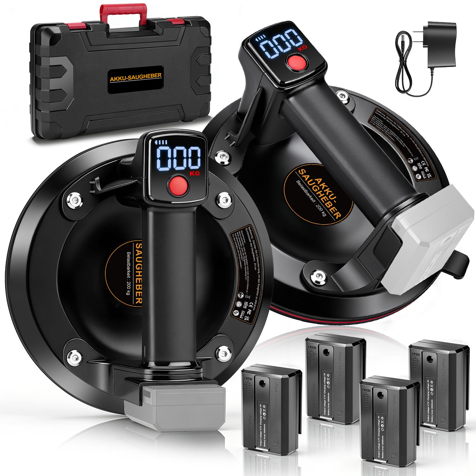 Sollevatore elettrico a batteria per piastrelle, 200 mm, con 4 batterie da 3000 mAh, LCD Didplay, potenza di aspirazione 200 kg, per vetro, marmo, piastrelle, set da 2