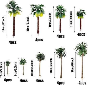 Cayway Model Trees Coconut Palm Model Trees, 36 PCS Mixed Model Trees for Model Train Railway Architecture Diorama DIY Scenery Landscape