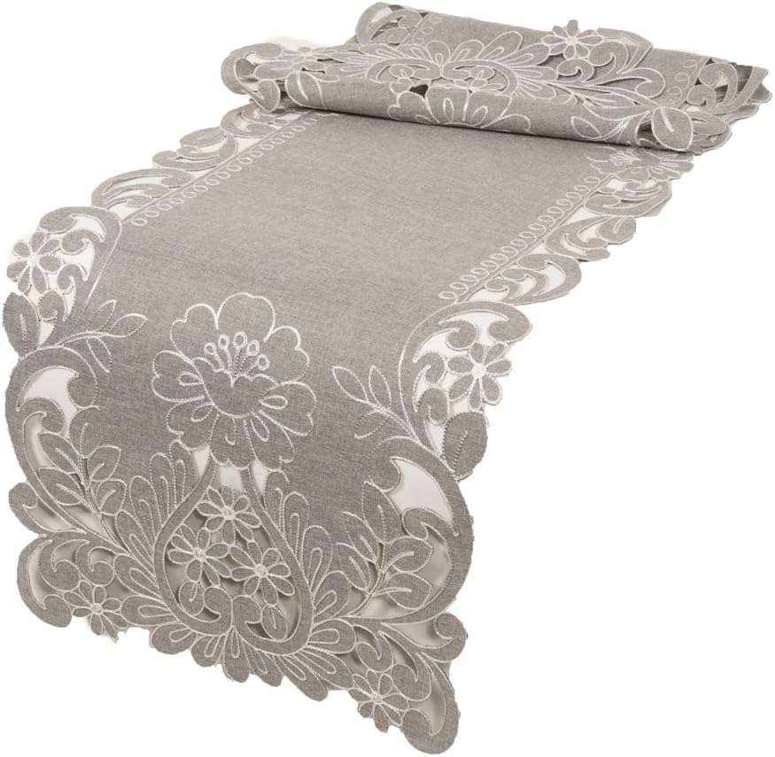 XD183491654Grey Floral Embroidered Cutwork Table Runner, 16 by 54"