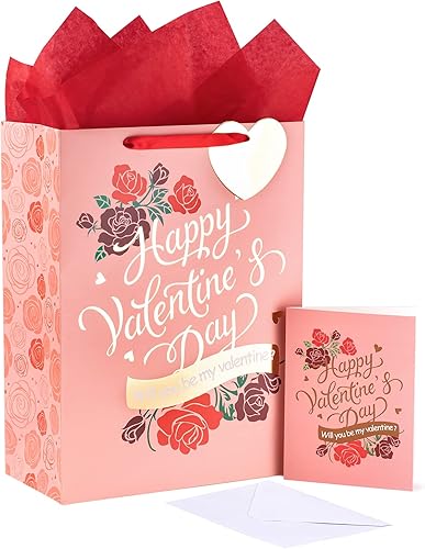 Miniatura 1 de LeZakaa 16" Large Gift Bags with Tissue Paper, Gift Tag and Card, Pink Gold Foil Gift Bag with Flower and Happy Valentine's Day Design