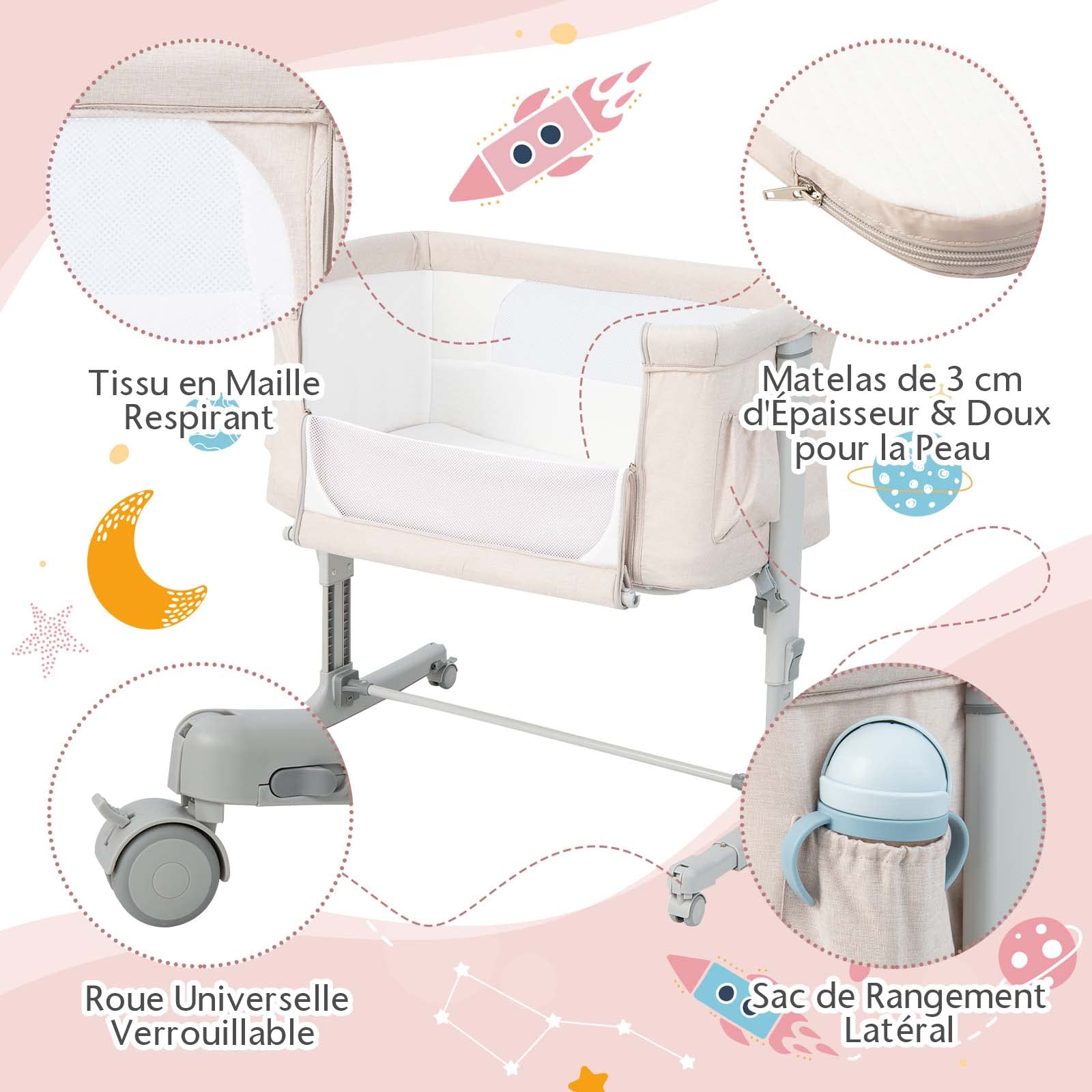 Lit Cododo Bébé 3 en 1 DREAMADE avec Matelas, Pliant, Hauteur Réglable, Roues avec Frein, Beige
