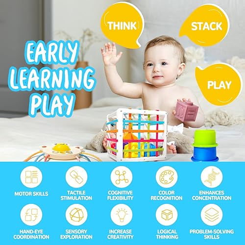 Miniatura 6 de Juguetes Montessori 6 en 1 para bebés de 0-3-6-12 meses, juguetes suaves para la dentición del bebé, cubo sensorial, juguetes apilables de bloques