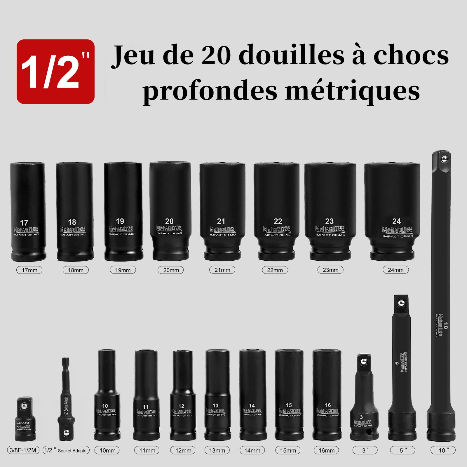 Jeu de douilles à chocs, Meiwaltee 20 Pièces 1/2" Douilles à chocs 6 Pans : 10-24 mm et barre d'extension 3'' 5'' 10'', acier Cr-MO avec revêtement phosphate noir，Douilles et Coffrets,Métrique
