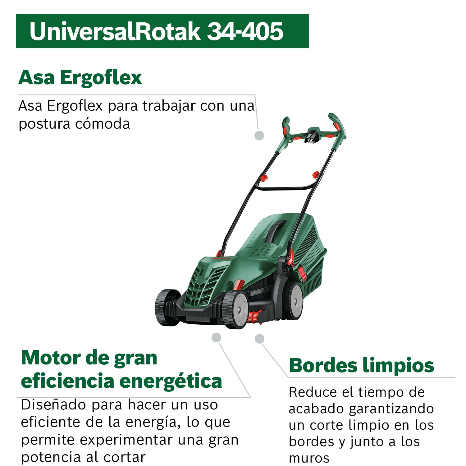 Bosch cortacésped con cable UniversalRotak 34-405 | potente motor de 1300 W y 34 cm de ancho para un corte homogéneo de césped y bordes; con cesta colectora de 40 litros