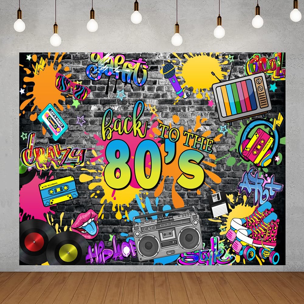 80s Backdrop for Parties Hip Hop Rock Music Disco Birthday Party Photo Backdrops Retro Graffiti Brick Wall Background Photoshoot Photo Booth Back to The 80'S Themed Party Banner Decoration 10x8ft