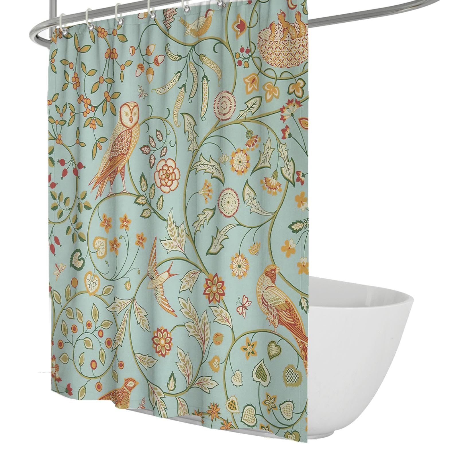 MOKOSAISE William Morris Retro Flower Bird Shower Curtain Mint Yellow Brown Nouveau Art Waterproof Polyester Shower Curtain Sets with Hook W180xL180cm