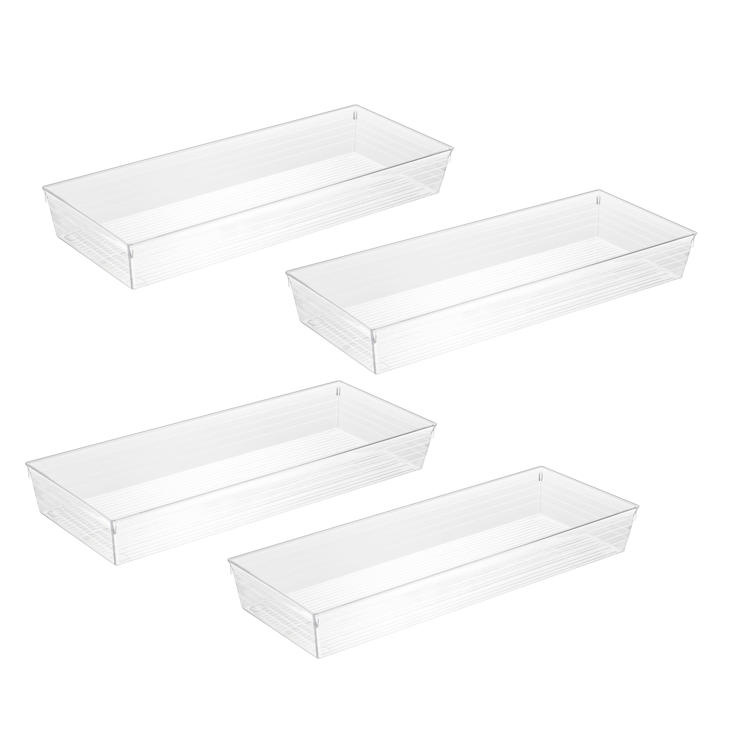 Backerysupply4 Pack Storage Bins For Bathroom Cosmetic Makeup Vanity Clear Plastic Desk Drawer Organizers Tray Kitchen Utensils Silverware Dividers 15"x6"x2"